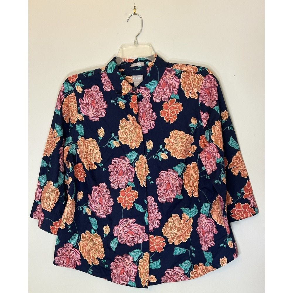 Chicos Navy Floral Shirt No Iron Stain Shield Womens Size 2 (12/14)